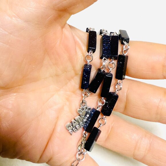 Dark Blue Goldstone Short Necklace w/ Silver Cat Person Paw Print Charm - Picture 14 of 14